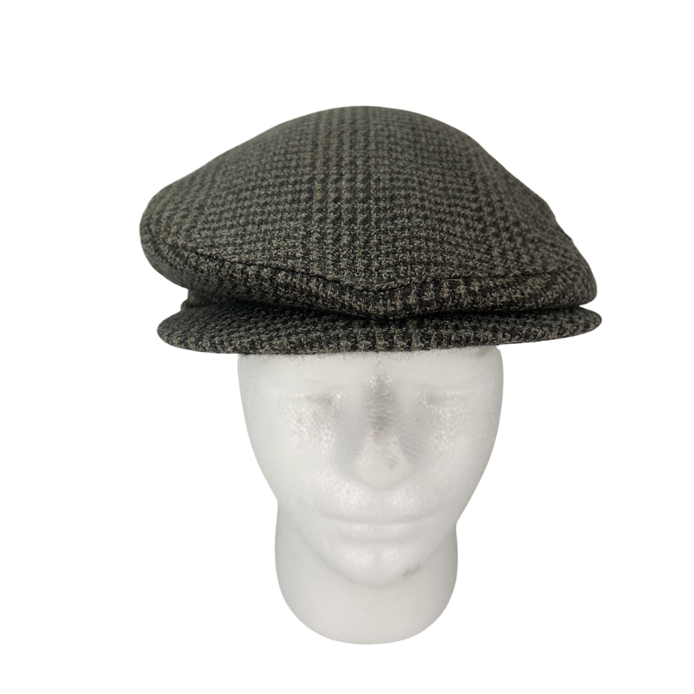VINTAGE Wool Hat Newsboy Fitted Mens Medium Brown Black Houndstooth USA 80s